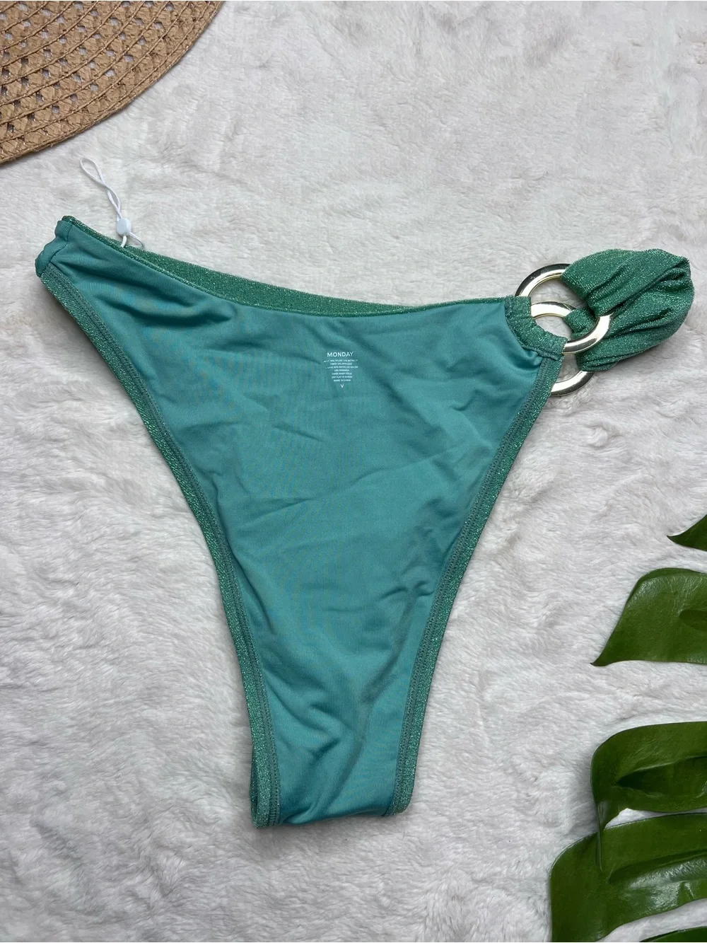 Monday Swimwear Bikini Set V XL Metallic Green Shimmer Triangle Top Ring Bottom